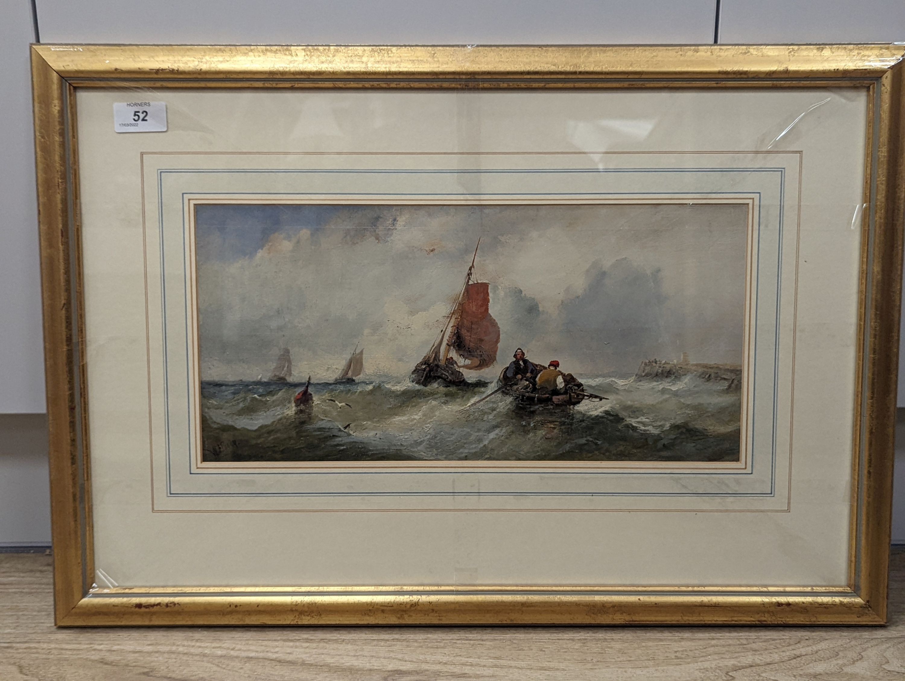William James Durant Ready (1823-1873), oil on board, signed, fishing boats offshore, 19 x 41cm